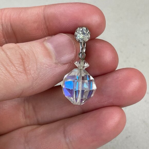 Vintage Crystal Dangle Earrings Large Crystal Faceted Ball Fancy Clip  1990s - Picture 2 of 3